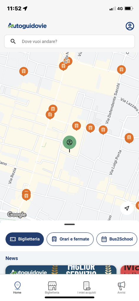 Autoguidovie - Autoguidovie app home screen displaying a city map with bus stop locations and transit navigation buttons