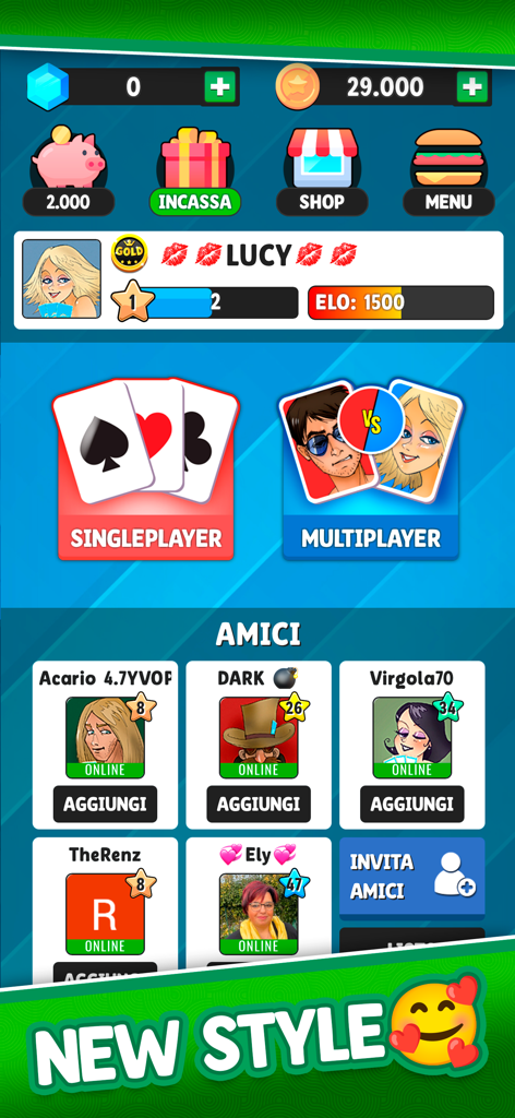 Menu principale del gioco di carte Burraco Piu che mostra opzioni multiplayer e la lista amici