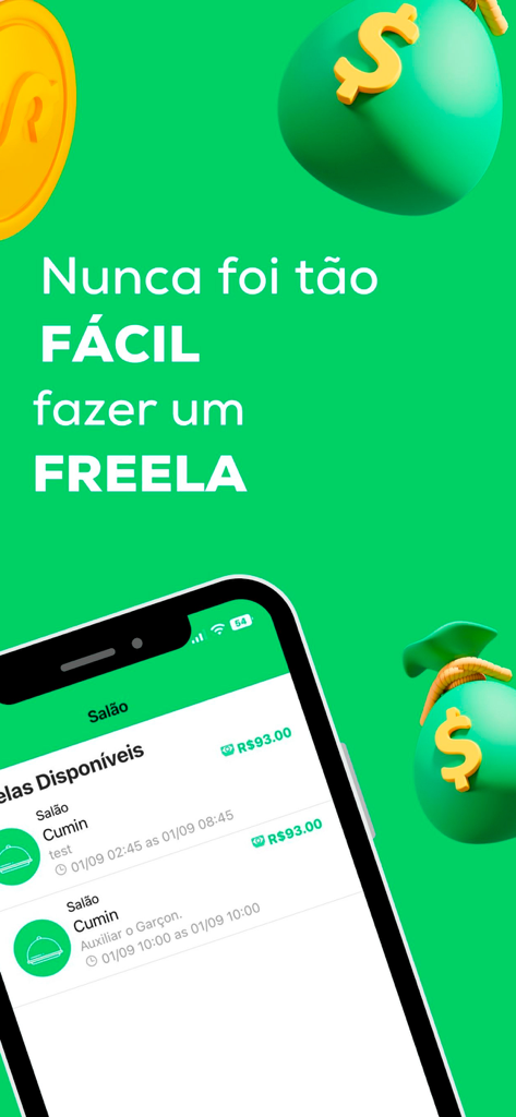 eFreela - Profissionais - Interface do aplicativo eFreela listando oportunidades de trabalho freelancer disponíveis com detalhes de pagamento.