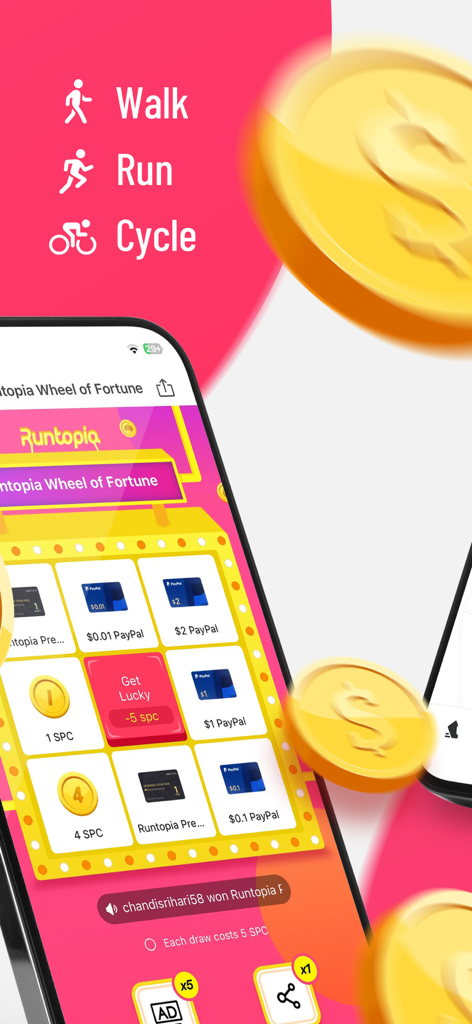 Runtopia app interface showing a lucky wheel to win PayPal cash and coins for physical activities