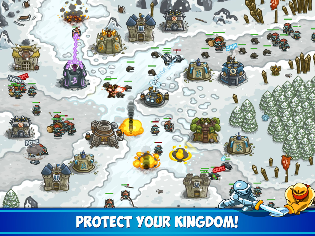 A snowy level in Kingdom Rush Tower Defense HD showing towers defending a path against fantasy monsters.