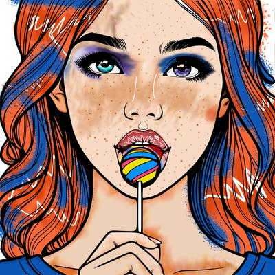 a realistic girl with a lollipop in her mouth