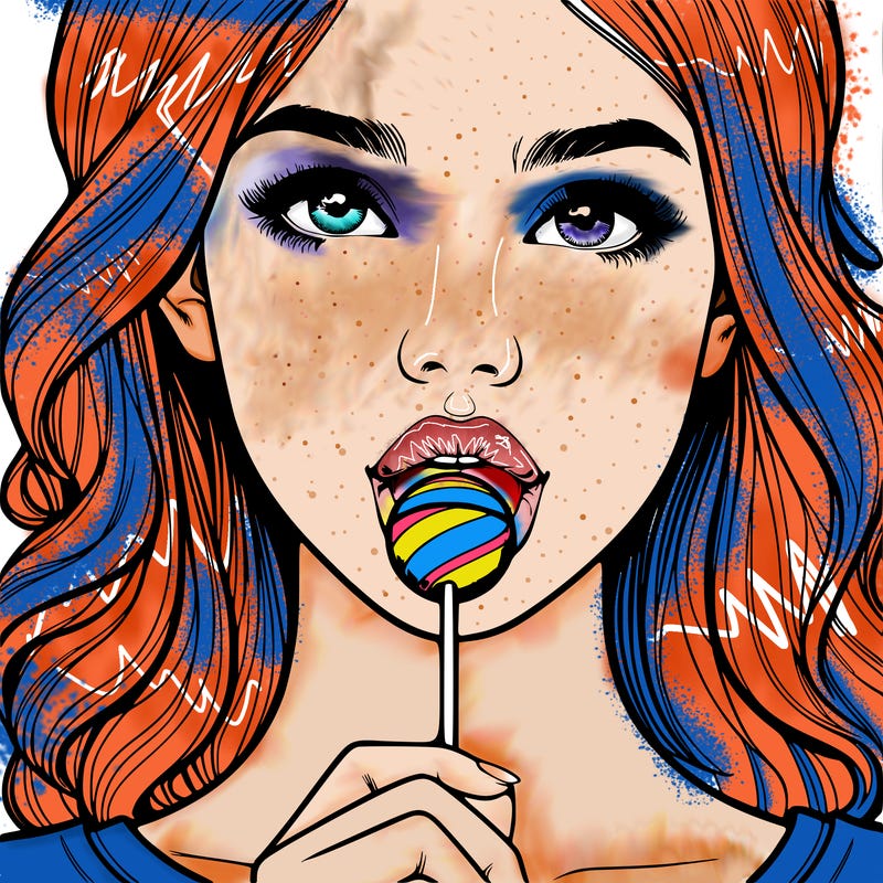 a realistic girl with a lollipop in her mouth