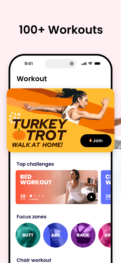 JustFit app interface displaying home workout challenges and body focus zones