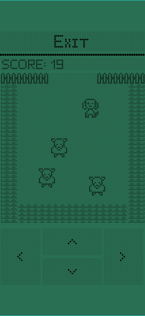 Retro 8-bit style mini game gameplay in Dogotchi showing pixelated dogs and controls