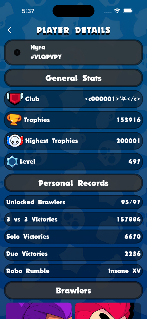 Brawl stats & chest for BS - Detaillierter Bildschirm mit Spielerstatistiken für Brawl Stars, der Trophäen und Sieg-Aufzeichnungen anzeigt