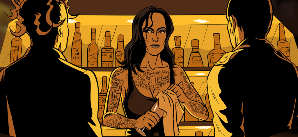 Parallel Experiment - Illustration style bande dessinée noir d'une barmaid tatouée parlant à deux détectives dans un bar.