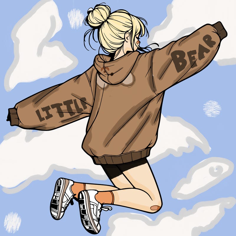 realistic girl jumping with a bun and oversized sweatshirt
