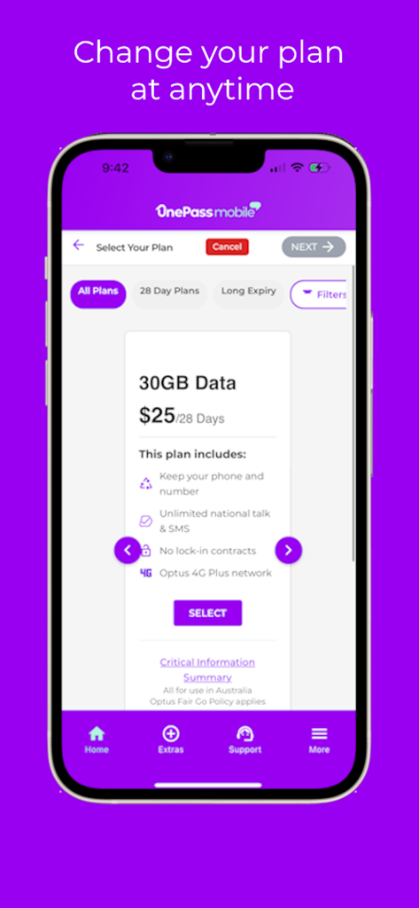 OnePass mobile - OnePass mobile app interface showing available data plans with an option to change plans at any time