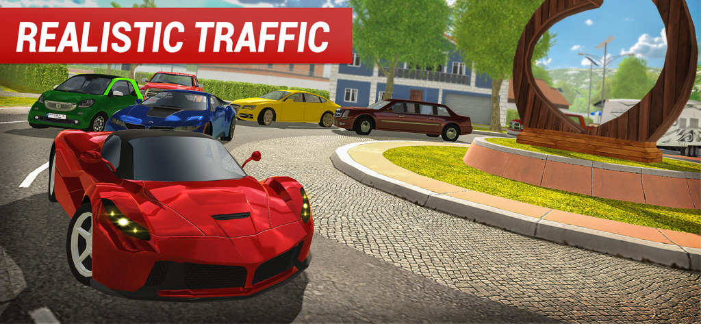Roundabout 2: City Driving Sim - A variety of cars including a red sports car and a limousine driving through a city roundabout