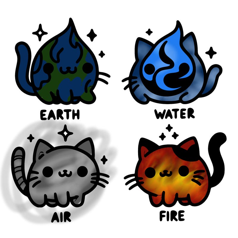 4 cats that represent the different elements, earth, water, air, and fire