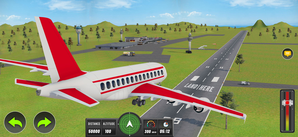 Flight Simulator-Airplane Game - Un avión de pasajeros rojo y blanco preparándose para aterrizar en la pista de un aeropuerto en un juego simulador de vuelo.