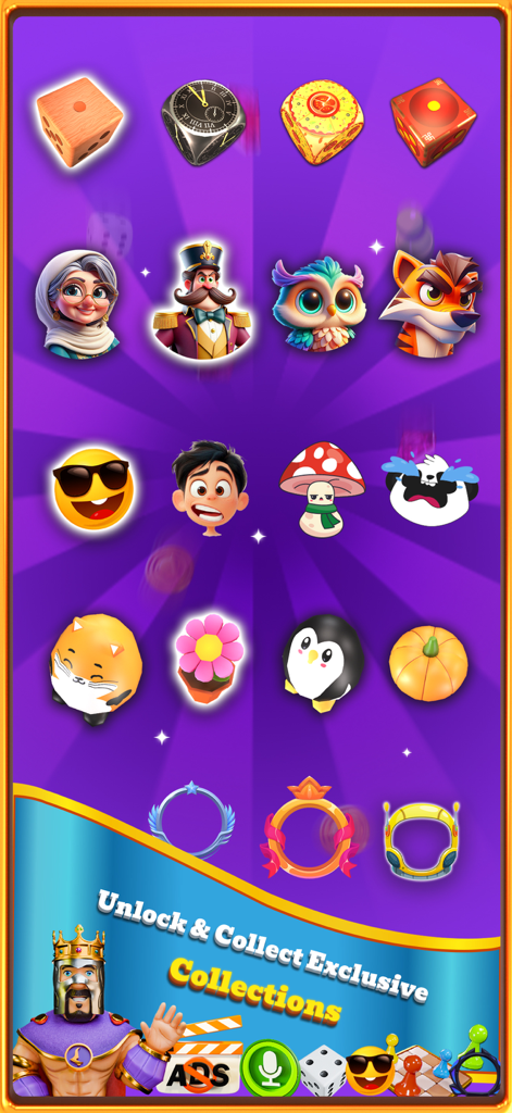 A menu showcasing various unlockable items in Snakes and Ladders Chief including custom dice skins, character avatars, emojis, and profile frames.
