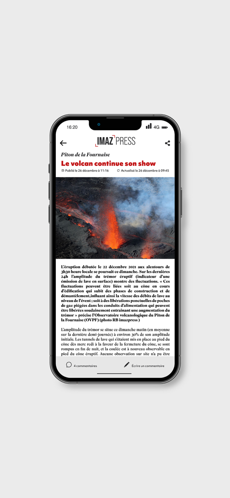 Imaz Press - Imaz Press mobile app displaying a news report about the Piton de la Fournaise volcano eruption