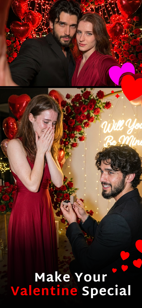 AI Couple Photo: Video Rizz AI - A romantic proposal scene and couple selfie with the text Make Your Valentine Special