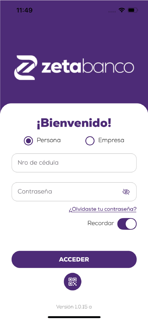 Zeta - 개인 및 기업 계좌 선택 및 식별 필드가 있는 Zeta Banco 모바일 애플리케이션 로그인 화면.