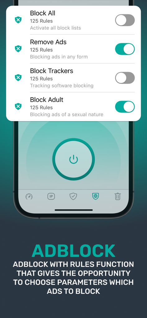 Online Shield - Fast VPN Proxy - Interface of Online Shield app showing customizable adblock rules with toggles for removing ads and blocking adult content