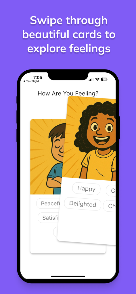 Feelings & Needs: Kids Edition - Screenshot of the Feelings and Needs app showing kids swiping through illustrated emotion cards with words like Happy and Delighted.