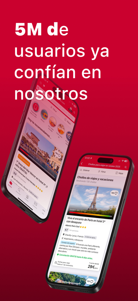 Gráfico promocional para o aplicativo de viagens BuscoUnChollo mostrando ofertas de hotéis e um marco de 5 milhões de usuários.