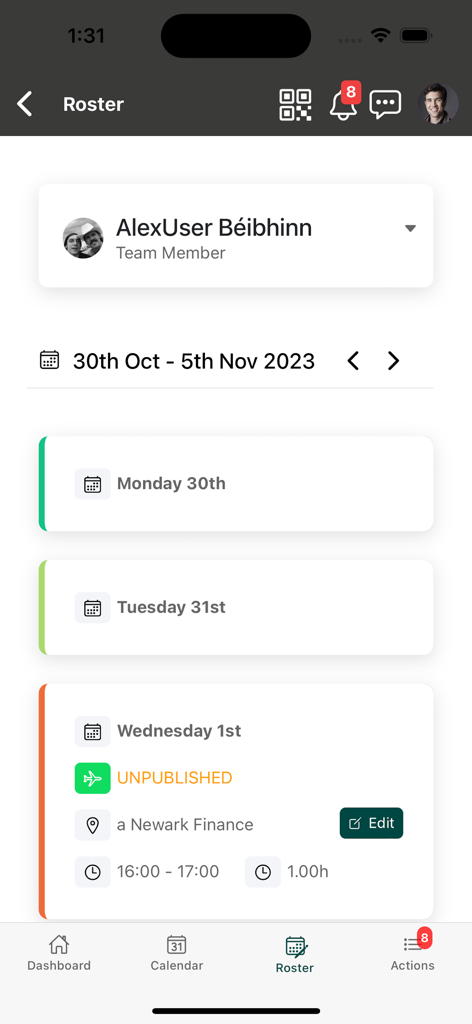 HR Duo Go - HR Duo Go mobile app interface showing a weekly employee work roster with shift times and locations.