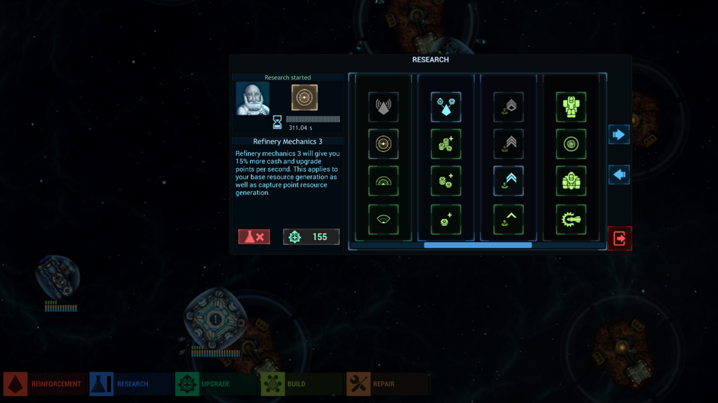 Battlevoid: Sector Siege - In game research menu displaying tech tree icons and refinery mechanics upgrade in Battlevoid Sector Siege.