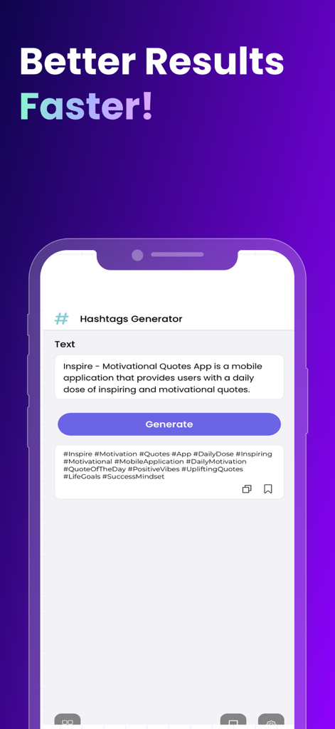 Japer AI - WritBot - Interfaz de la aplicación móvil WritBot que muestra la herramienta generadora de hashtags impulsada por IA