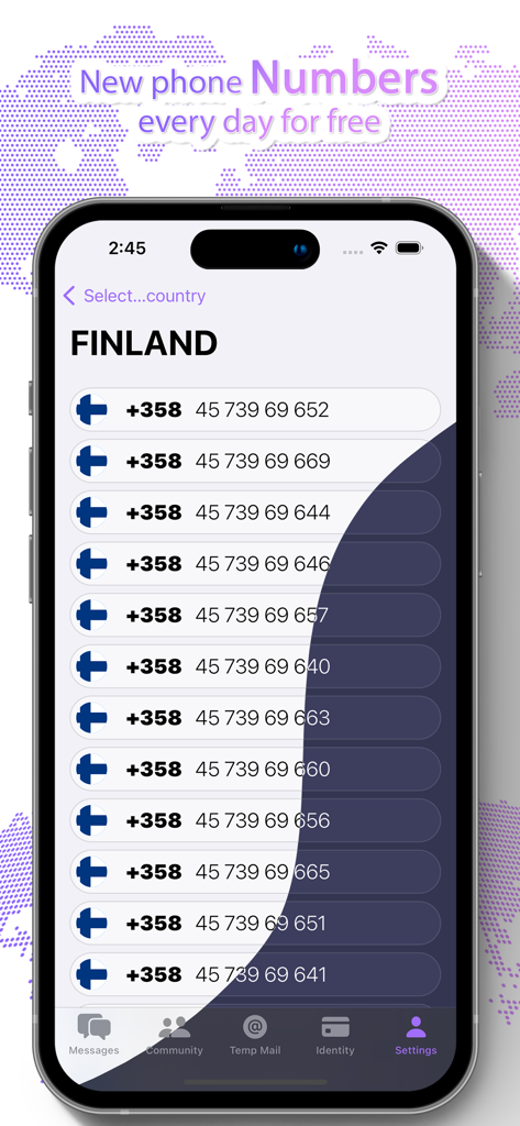Un elenco di numeri di telefono finlandesi disponibili per la verifica SMS nell'app Ricevi SMS.