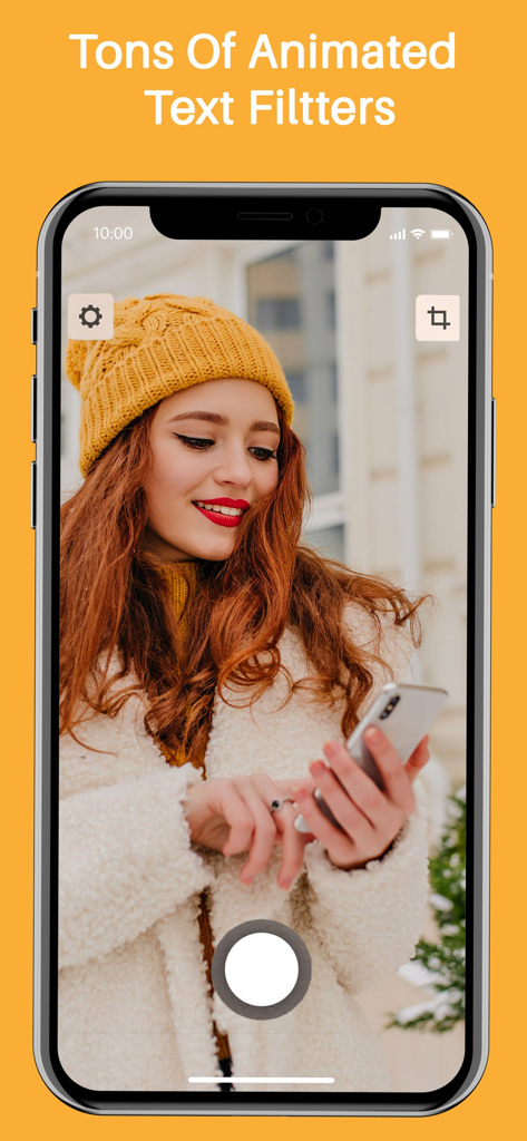 Hype-Type app camera interface featuring a young woman in a yellow beanie with text overlay describing animated text filters.