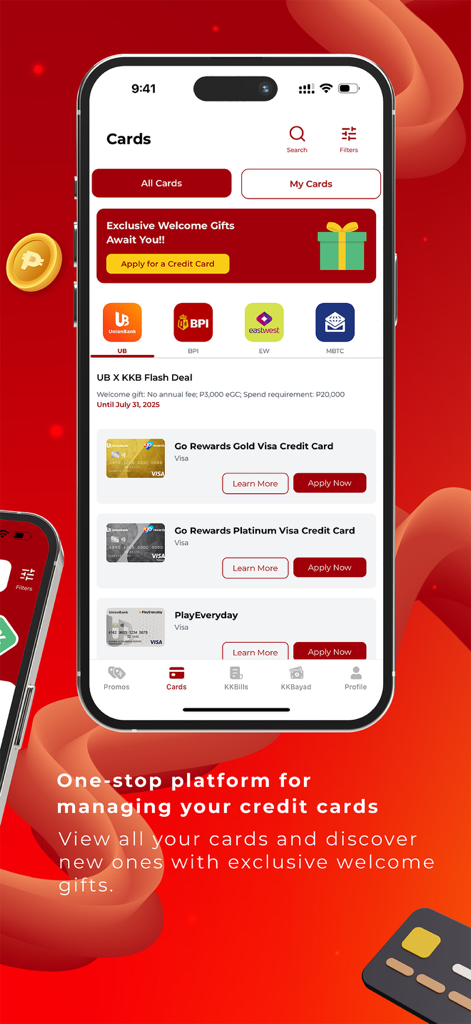 Mobile interface of KasKasan Buddies app showing Philippine credit card offers and management tools