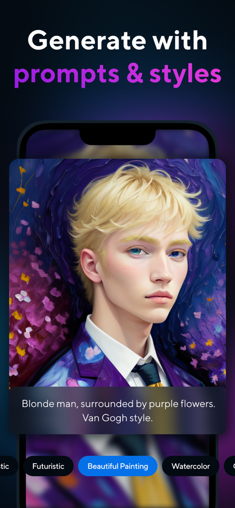 Artist AIアプリのインターフェース、テキストプロンプトから生成されたゴッホ風ポートレートを表示