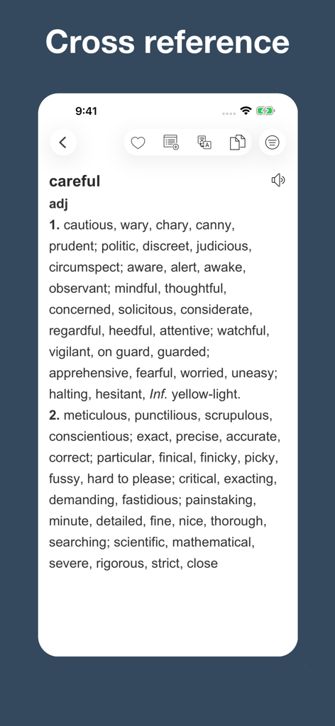 English Synonym Finder - Benutzeroberfläche der Englischen Synonym-Finder-App, die mehrere Synonyme für das Wort 'careful' anzeigt.