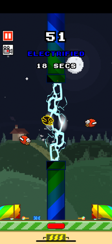 Flappy Crush gameplay showing an electrified pipe power up crushing pixel art birds