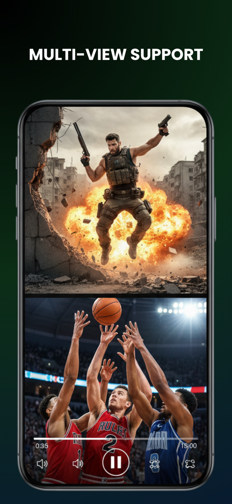 Interface do aplicativo FreePlay mostrando suporte multiview com dois vídeos sendo reproduzidos simultaneamente em tela dividida.