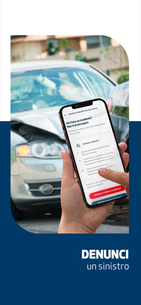 Smartphone displaying the Unipol Assicurazioni app interface for reporting a car accident claim
