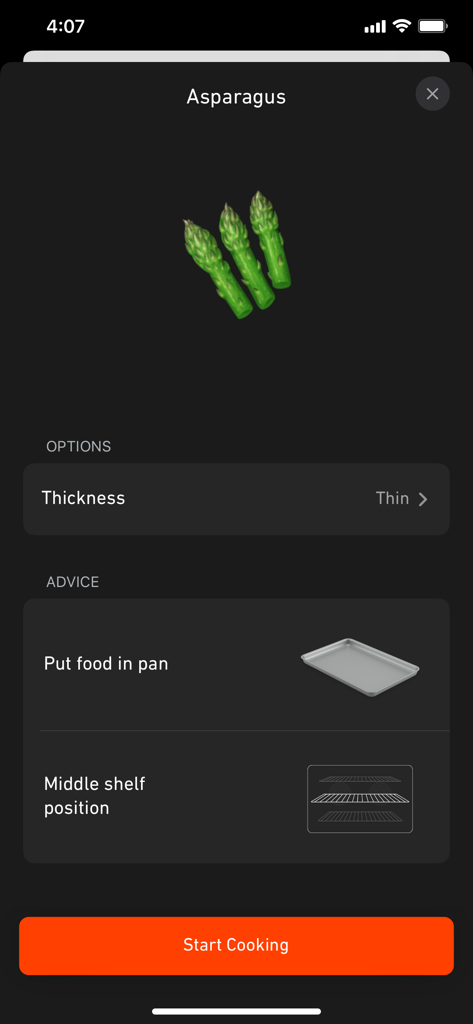 June app interface showing cooking instructions and settings for thin asparagus