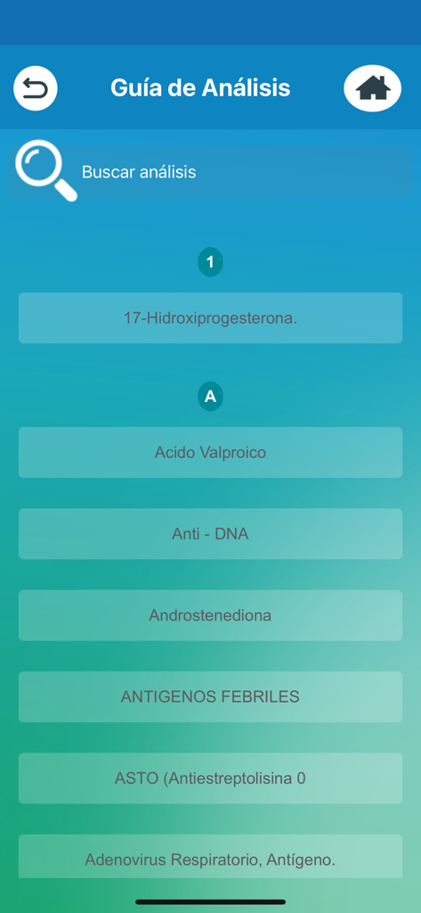 Elenco ricercabile di test di laboratorio medici nella guida all'analisi dell'app Analiza.