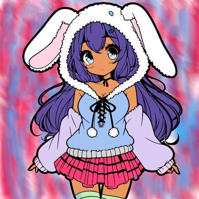 pretty anime girl wearing a fluffy hoodie with bunny ears on the hood and a skirt