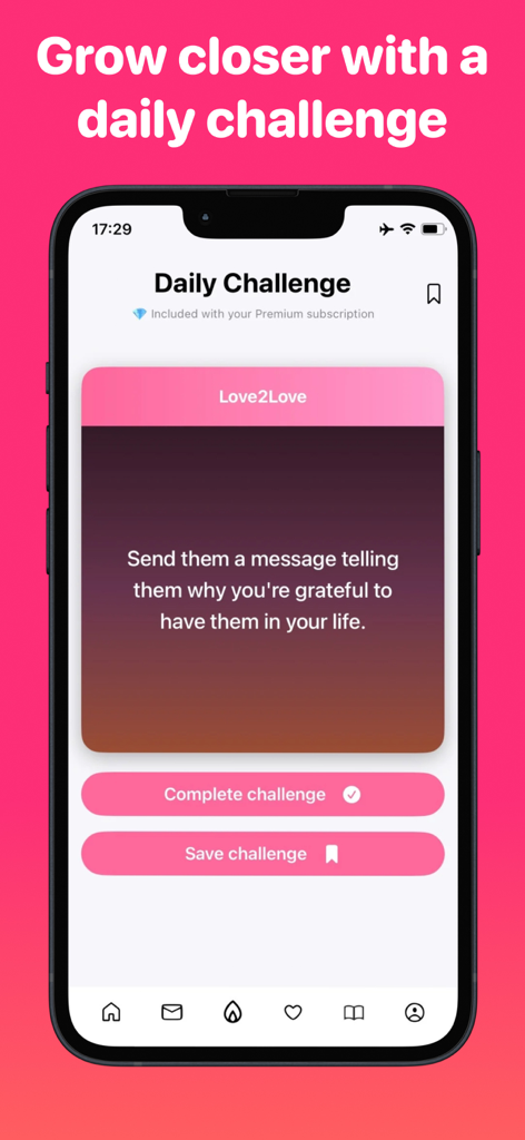 Love2Love - Couple questions - Screenshot of the Love2Love app displaying a daily relationship challenge to send a message of gratitude to a partner.