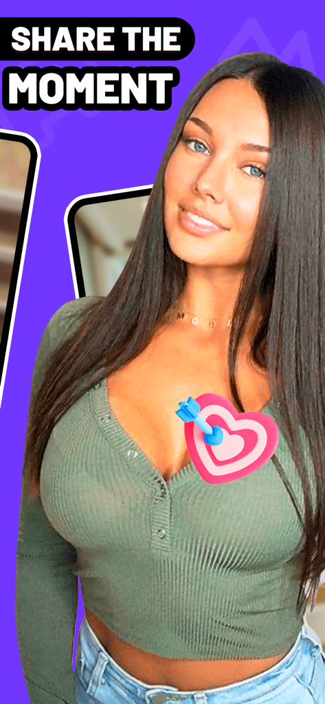 Une jeune femme souriante sur l'application de chat vidéo Yolo avec le texte Partager le moment.