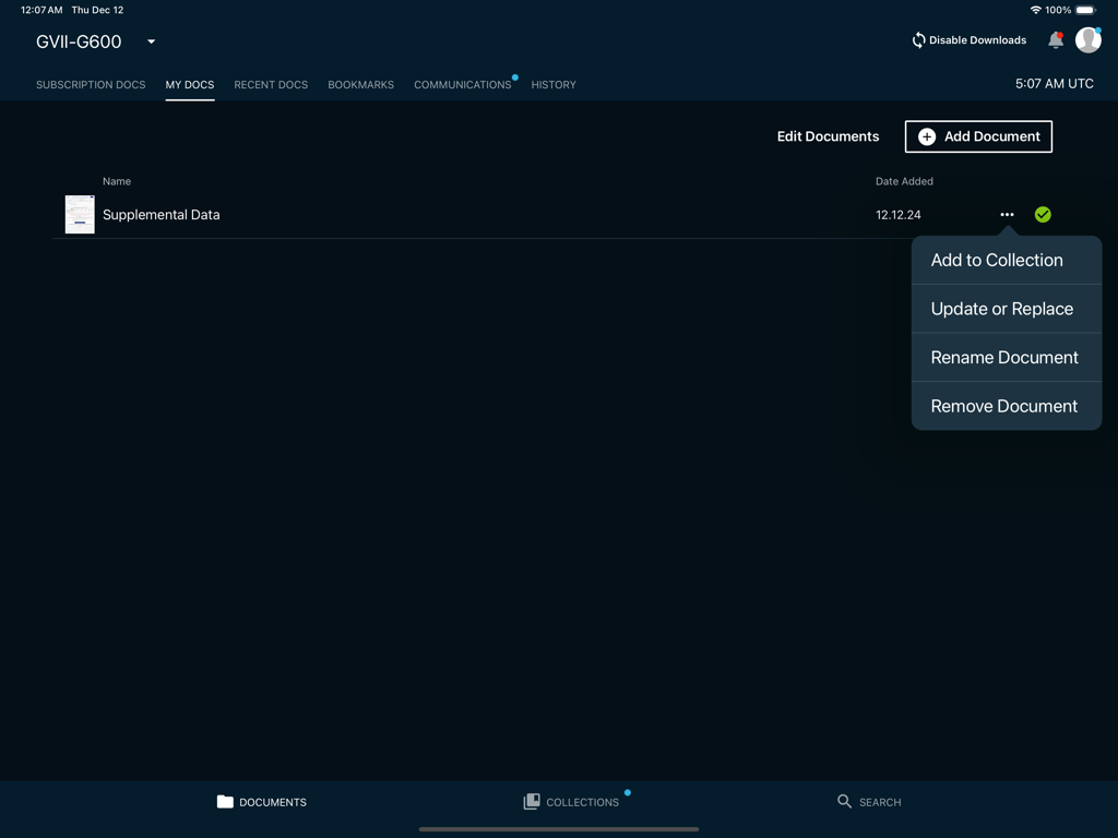 Interfaz de la aplicación Gulfstream PlaneBook que muestra opciones de gestión de documentos en la sección Mis Documentos.