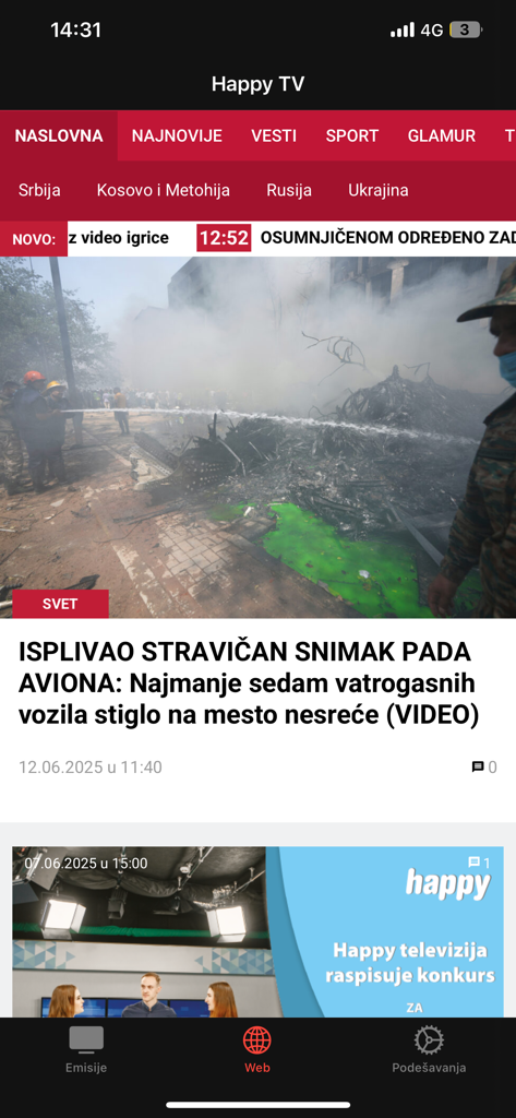 HappyTV Live app showing news articles and categories in Serbian language