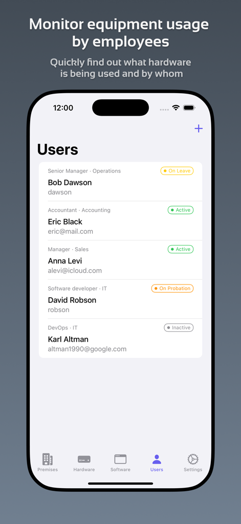 iPhone screenshot of the IT Asset Tracker app displaying a list of users with their roles and employment status