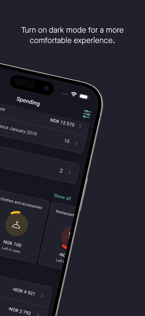 Sbanken mobile app showing financial spending categories in dark mode