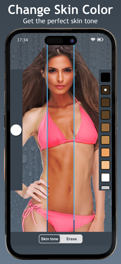 A woman in a pink bikini using a skin tone adjustment tool in the Abs Editor app