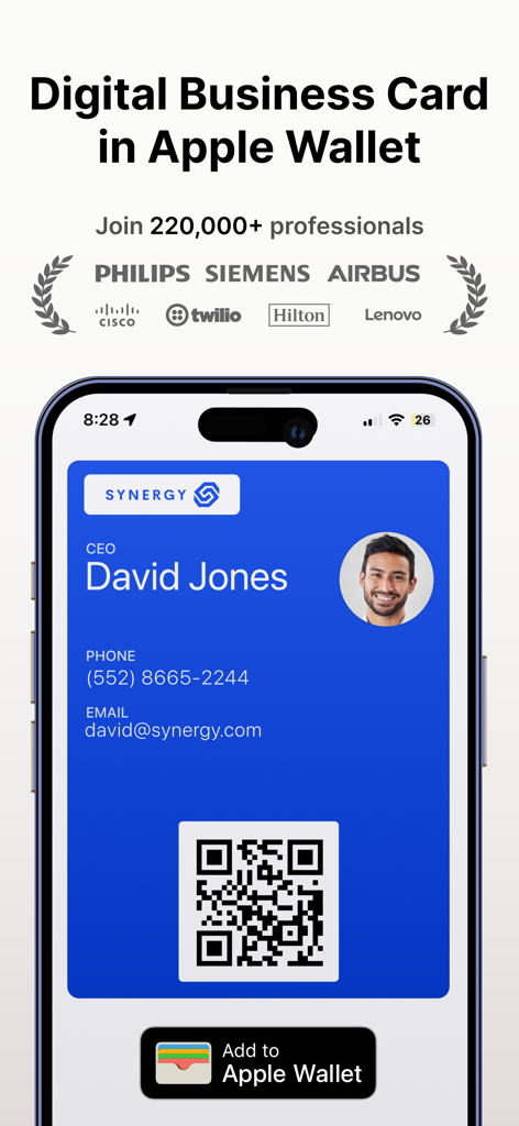 HeyDrop: Digital Business Card - Pantalla de iPhone mostrando una tarjeta de presentación digital en Apple Wallet con un código QR e información de contacto profesional