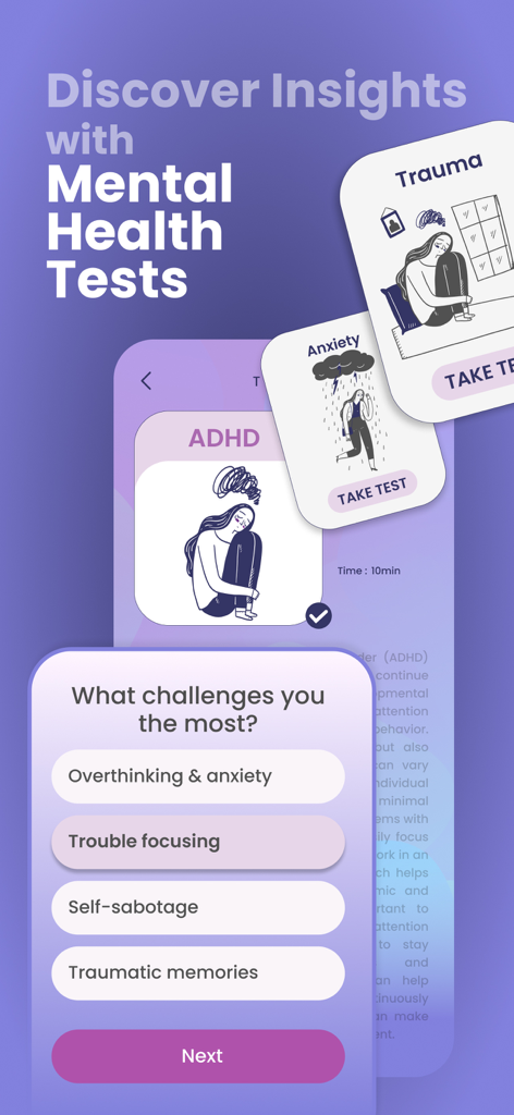 Self Therapy: ADHD Cbt i Coach - セルフセラピーアプリのインターフェース、ADHD、不安、トラウマのためのメンタルヘルス評価テストが表示されています。