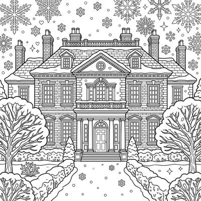 Embark on a creative journey with this beautiful coloring page featuring a grand Georgian mansion blanketed in pristine winter snow. Explore intricate architectural details and a serene snowy landscape, perfect for a relaxing coloring session.