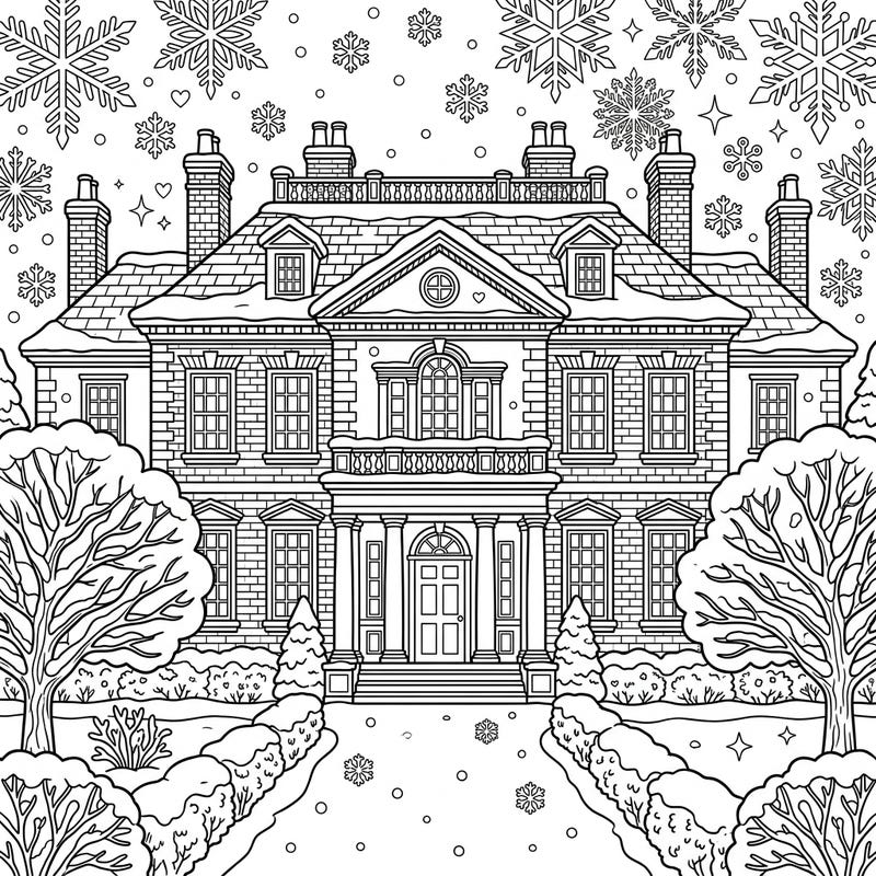 Embark on a creative journey with this beautiful coloring page featuring a grand Georgian mansion blanketed in pristine winter snow. Explore intricate architectural details and a serene snowy landscape, perfect for a relaxing coloring session.