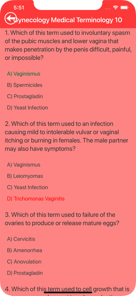 Eine mobile Quizoberfläche, die Multiple-Choice-Fragen zur gynäkologischen medizinischen Terminologie anzeigt.