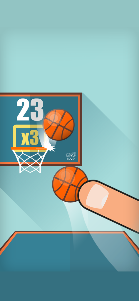 Basketball FRVR - A cartoon finger flicking a basketball towards a hoop in the Basketball FRVR game